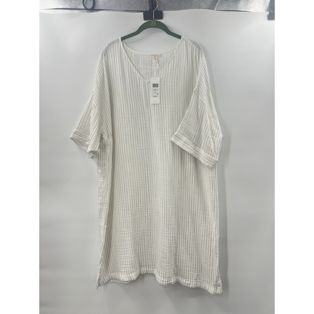 NWT Eileen Fisher 2X Organic Linen Cotton White Pinstripe Dress V-neck